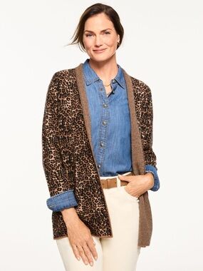Talbots Plus 2X Jacquard Leopard Print Open Front Cardigan Sweater Wool Blend